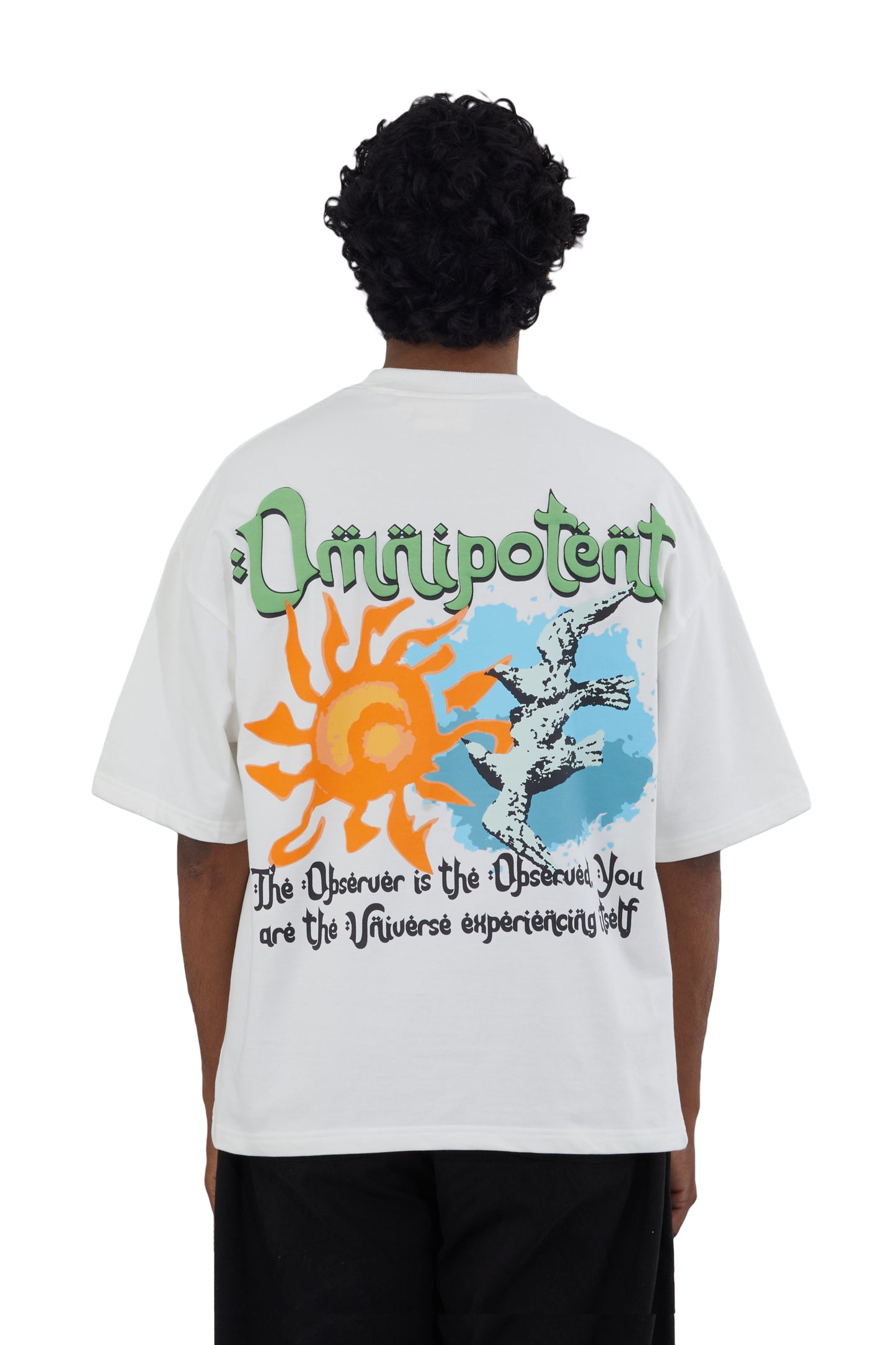 Artwork with Fekki's spiritual message for this drop White tshirt, limited edition, collectible, boxy oversized fit.
