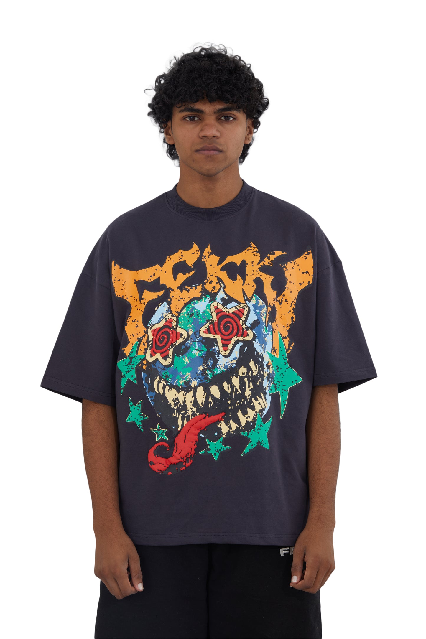 Artwork with Fekki's representation of the current state of the world. Black tshirt, boxy oversized fit. Limited stock and collectible.